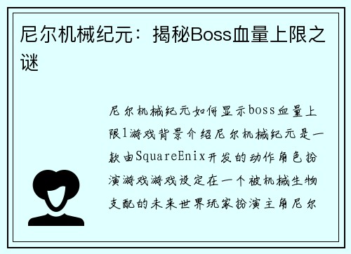 尼尔机械纪元：揭秘Boss血量上限之谜