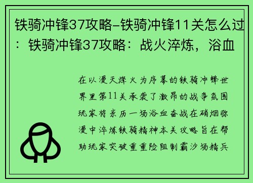 铁骑冲锋37攻略-铁骑冲锋11关怎么过:铁骑冲锋37攻略:战火淬炼,浴血奋战 铁骑冲锋37攻略-铁骑冲锋11关怎么过:铁骑冲锋37攻略:战火淬炼,浴血奋战