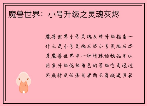 魔兽世界:小号升级之灵魂灰烬 魔兽世界:小号升级之灵魂灰烬